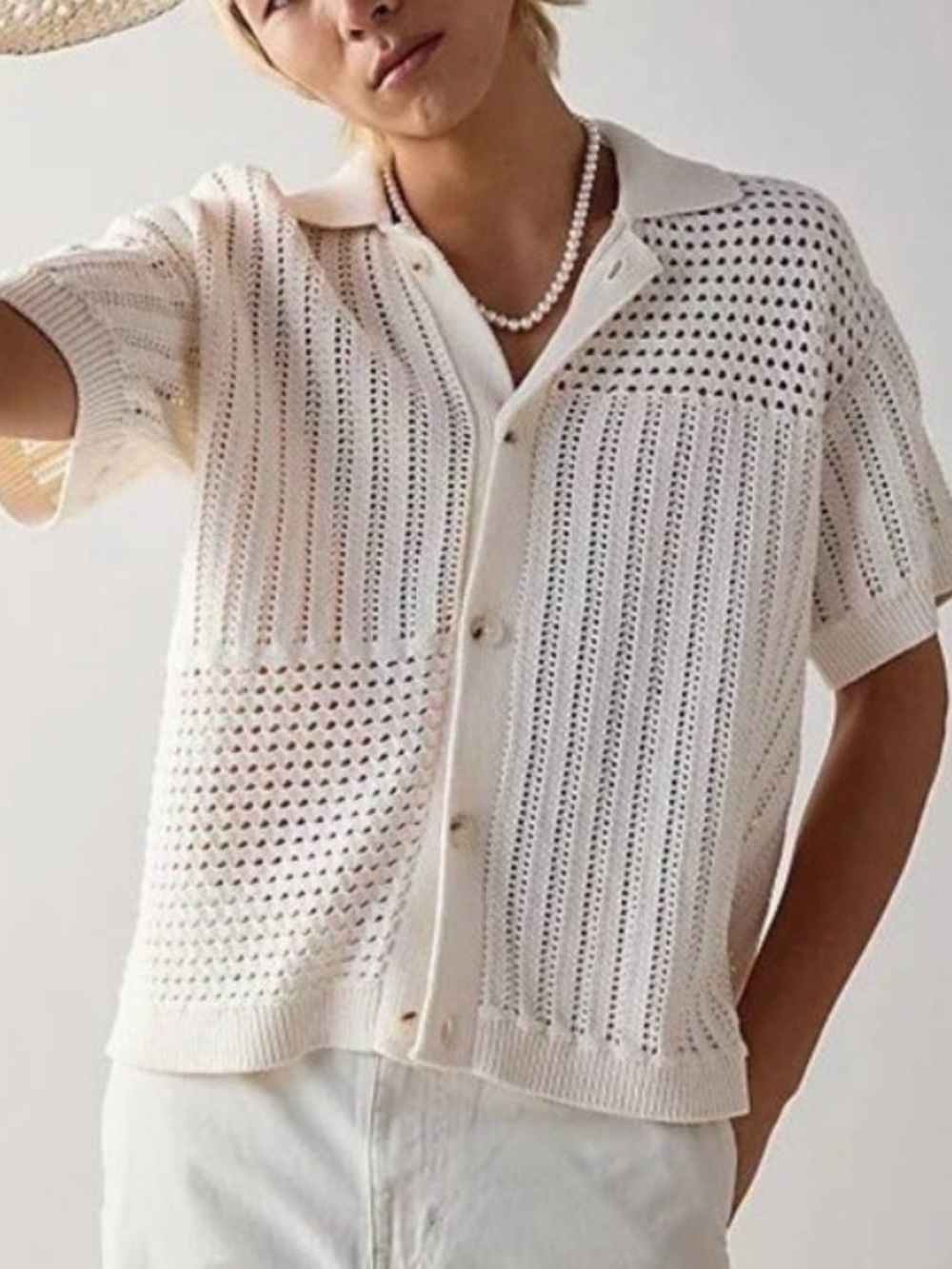 Urban Outfitters Mens Norwich Patchwork Polo Sweater Size XL Cream Crochet Knit